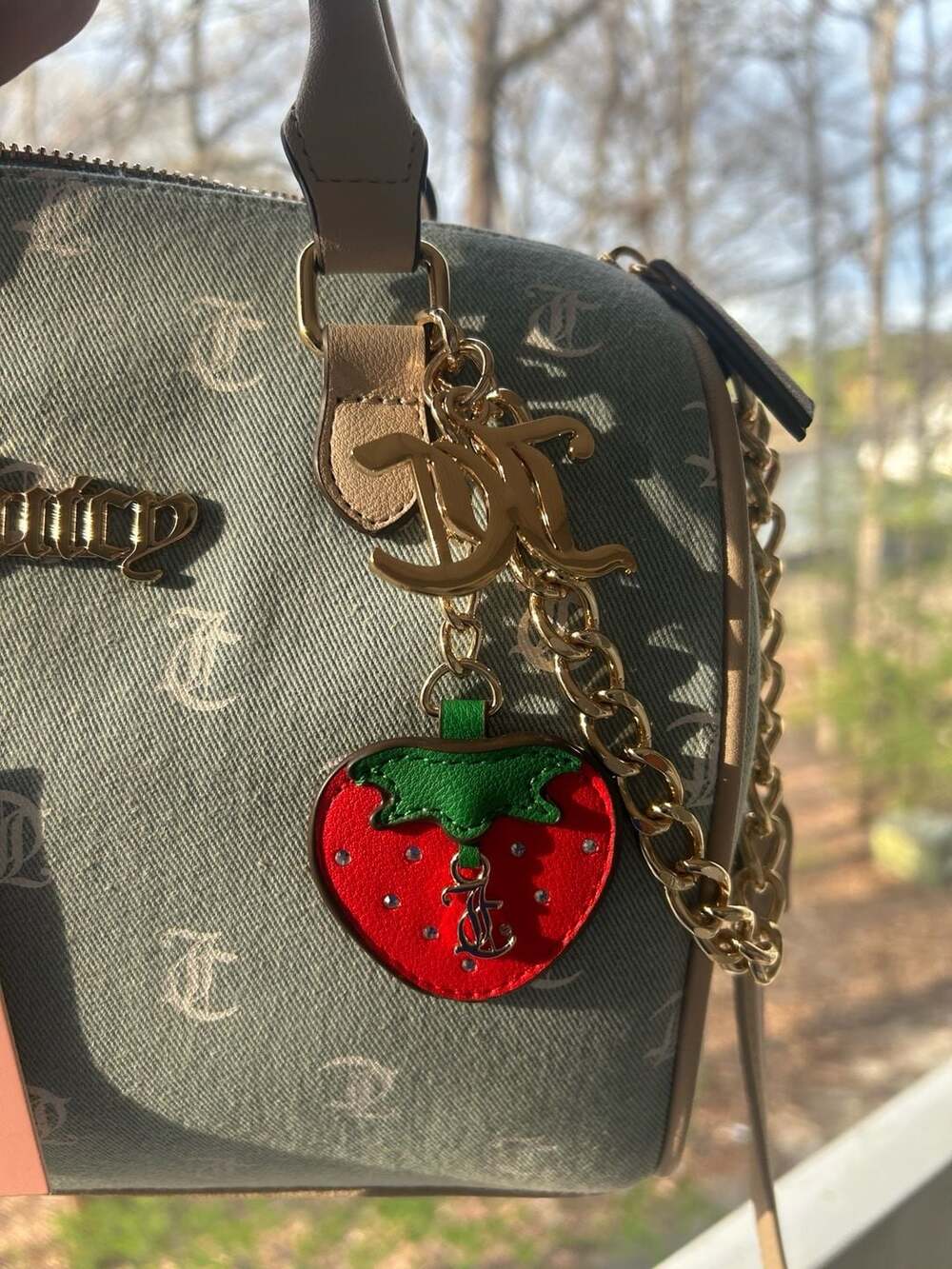 Juicy Couture Denim Days Gothic Logo Satchel with Strawberry Charm - Picture 3 of 5
